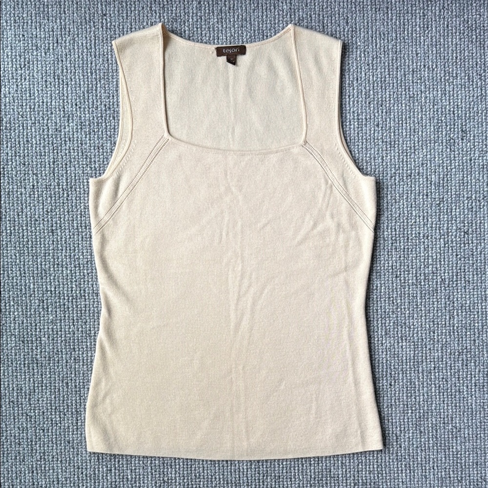 Tesori Sleeveless Tank Top Cream Knit Sweater Square Neck Shell Medium